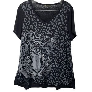 Embellished Burnout Black Leopard Print Knit Top by Dian Gilman - Sz L